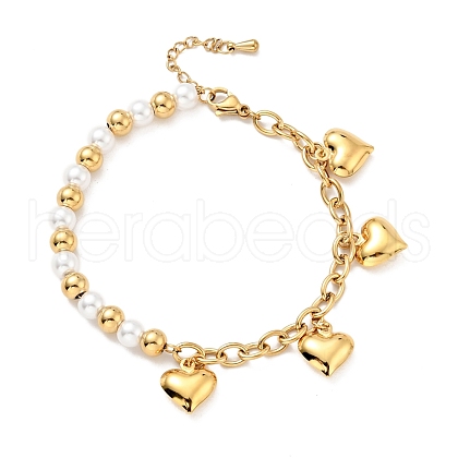 201 Stainless Steel Heart Charm Bracelet BJEW-A126-11G-1