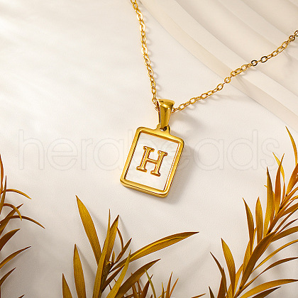 Rectangle Stainless Steel Pave Natural White Shell Initial Pendant Necklaces for Women FS-WGB5EDA-08-1