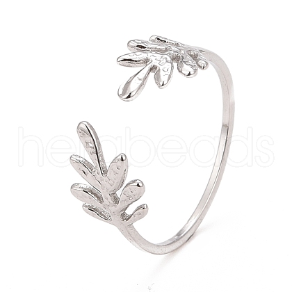 304 Stainless Steel Leaf Open Cuff Ring for Women RJEW-C025-24P-1