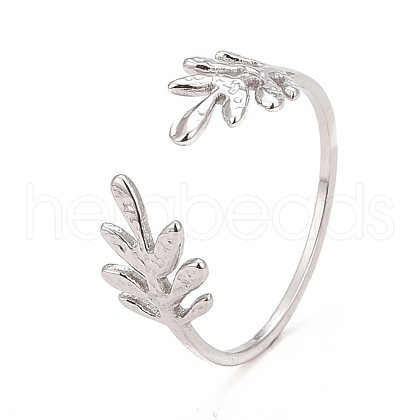 Non-Tarnish 304 Stainless Steel Leaf Open Cuff Ring for Women RJEW-C025-24P-1