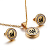 Flat Round with Letter Pattern 304 Stainless Steel Crystal Rhinestone Pendant Necklace & Stud Earring FS-WG33EDD-23-1