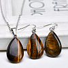 Teardrop Natural Tiger Eye Pendant Necklaces & Dangle Earrings Sets FS-WGAC060-04-1