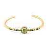 Brass Pave Green Glass Open Cuff Bangles for Women BJEW-S147-15G-C-1