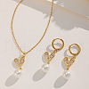 Heart 316L Surgical Stainless Steel & Clear Cubic Zirconia & Plastic Pearl Pendant Necklace & Hoop Earrings Sets for Women FS-WG3CC1B-01-4