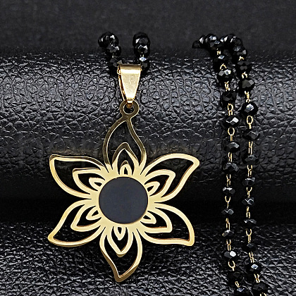 304 Stainless Steel Black Enamel Hollow Cut Flower Pendant Necklaces for Women FS-WG7A592-02-1