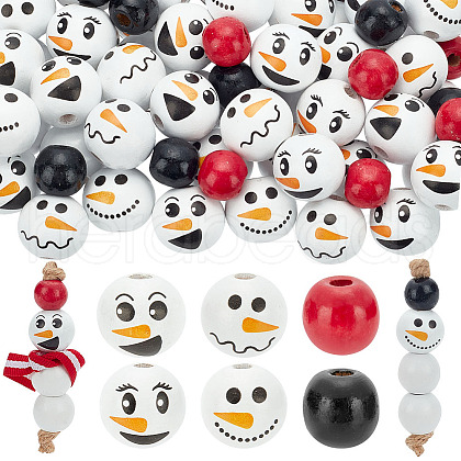   180Pcs 6 Styles Christmas Snowman Print Wood European Beads WOOD-PH0003-03A-1