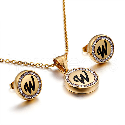 Flat Round with Letter Pattern 304 Stainless Steel Crystal Rhinestone Pendant Necklace & Stud Earring FS-WG33EDD-23-1