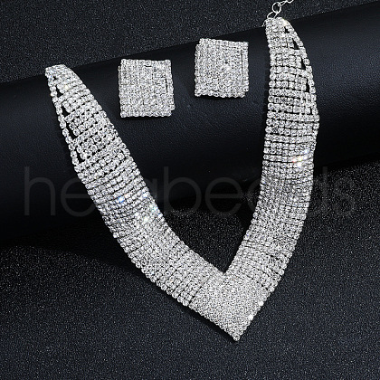 Rhombus Alloy Rhinestone Chain Necklaces & Stud Earrings Sets FS-WG17625-01-1