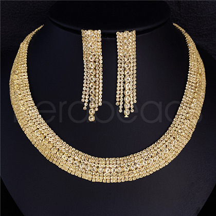 Brass Rhinestone Tassel Necklaces & Earring Sets for Women FS-WG3ACFC-01-1
