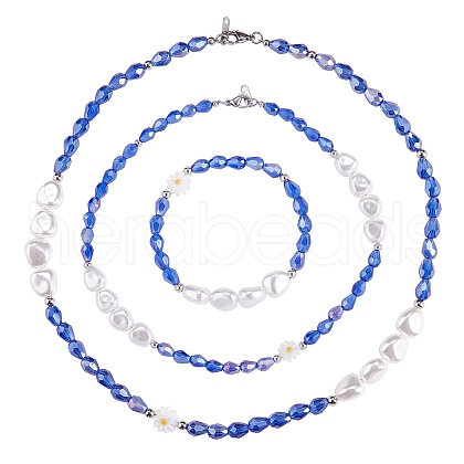 3Pcs Natural Shell & Plastic Pearl Flower & Glass Beaded Necklaces and Stretch Bracelet Set SJEW-SW00010-03-1