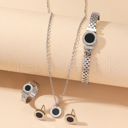 Flat Round Roman Numerals 304 Stainless Steel with Acetic Acid Pendant Necklace & Stud Earrings & Bangles & Rings FS-WGD711C-10-1