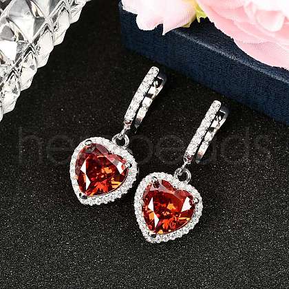 925 Sterling Silver Pave Cubic Zirconia Heart Hoop Earrings EJEW-C150-01B-01-1
