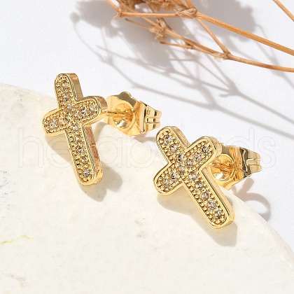 Brass Micro Pave Clear Cubic Zirconia Stud Earrings EJEW-D305-07G-1