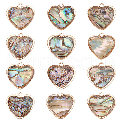 BENECREAT 12Pcs Brass Pave Paua Shell Heart Charms FIND-BC0013-84B-1
