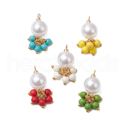 5Pcs 5 Colors ABS Plastic Imitation Pearl Round & Dyed Synthetic Turquoise Tassel Pendants PALLOY-JF03515-1