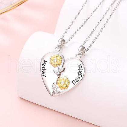 2Pcs Mother's Day Sunflower Heart Alloy Crystal Rhinestone Mother and Daughter Pendant Necklaces FS-WGEE931-01-1