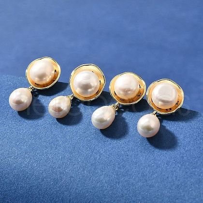 Mother's Day Jewellery Natural Pearl Dangle Ear Studs EJEW-L099-07G-1