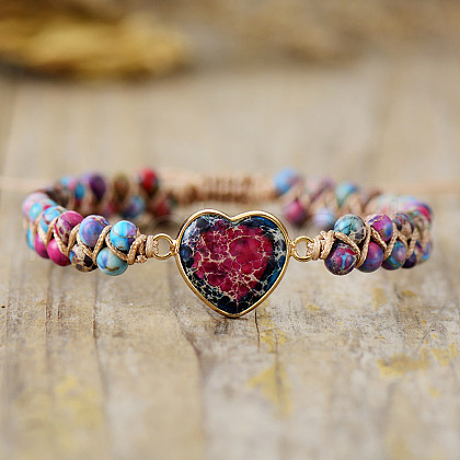 Heart Natural Imperial Jasper Beads Link Bracelets WG1E55C-07-1
