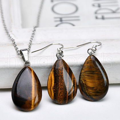 Teardrop Natural Tiger Eye Pendant Necklaces & Dangle Earrings Sets FS-WGAC060-04-1