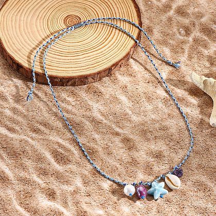 Summer Beach Porcelain Fish & Natural Cowrie Shell Pendant Cotton Cord Adjustable Necklaces FS-WG63638-02-1