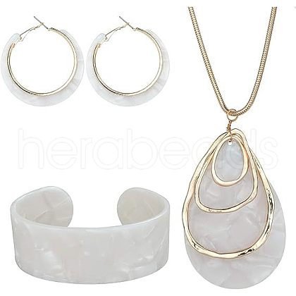 Teardrop Alloy with Acrylic Pendant Necklace & Hoop Earring & Cuff Bangle FS-WG301DC-01-1