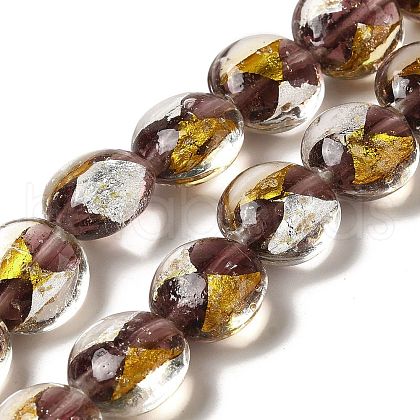 Handmade Gold Sand and Silver Sand Lampwork Flat Round Beads FOIL-C001-02C-1