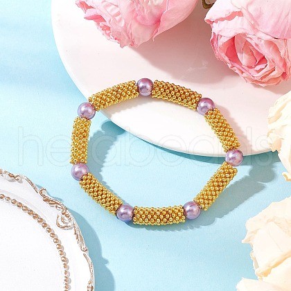 Snowflake Alloy Spacer and Glass Pearl Beaded Stretch Bracelets for Women BJEW-JB11803-01-1