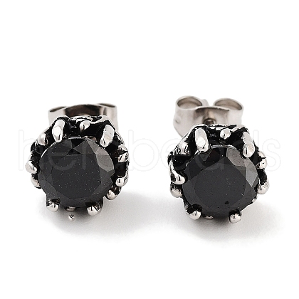 Round 316 Surgical Stainless Steel Pave Black Cubic Zirconia Stud Earrings for Women Men EJEW-Z050-11AS-1