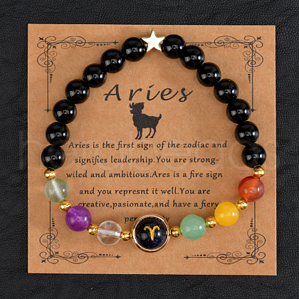 12 Zodiac Sign Natural Black Obsidian Round Beads Stretch Bracelets for Men Women WG228FC-01-1