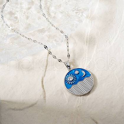 Elegant Brass Marine Blue Enamel Wave Sun Moon Pendant Necklaces WB9731-1-1