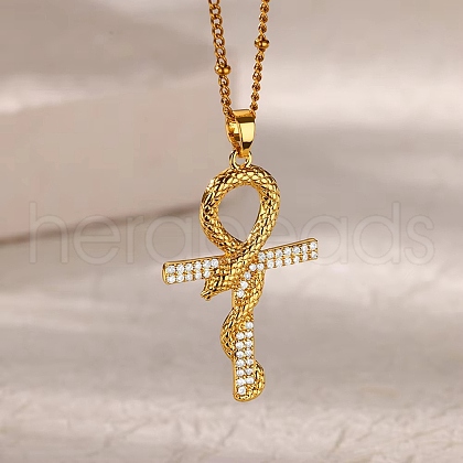 Brass Micro Pave Clear Cubic Zirconia Snake Wrapped Ankh Cross Pendant Necklaces NJEW-S446-01G-1