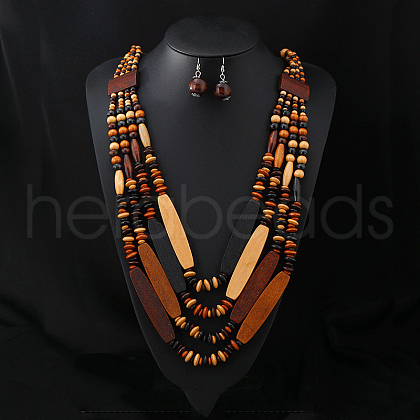 Bohemian Style Wood Beaded Multilayer Necklaces & Dangle Earrings Sets WG93846-05-1