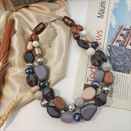 Wood & Resin Nuggets Beaded Double Layer Necklaces for Women FS-WGB5610-07-1