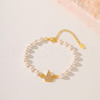 Fashionable Crown Brass Crystal Rhinestone & Imitation Pearl Braided Bead Bracelets for Women DV0214-7-1