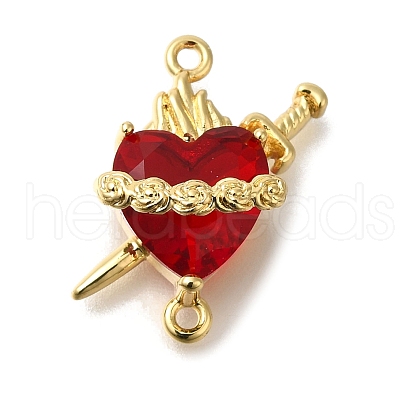 Brass FireBrick Cubic Zirconia Rose Heart with Sword Connector Charms X-KK-R002-27G-01-1