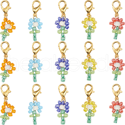 SUNNYCLUE 30Pcs Dyed Synthetic Turquoise & Glass Seed Beaded Flower Pendant Locking Stitch Markers HJEW-SC0001-55-1