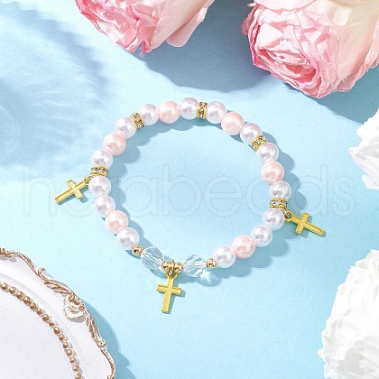 Alloy Pendants with ABS Plastic Imitation Pearl Beads and K9 Glass and Brass Grade A Rhinestone Spacer Beads and Flat Elastic Crystal String Bracelets BJEW-JB11778-03-1