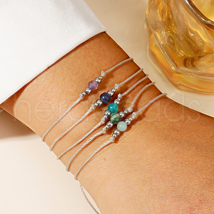5Pcs Natural Gemstone Round Bead Braided Bead Bracelets LY1310-1
