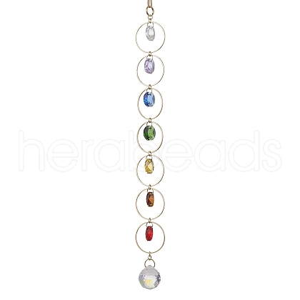 Colorful Glass Octagon Beads & Brass Rings Hanging Ornaments HJEW-JM02145-1