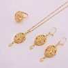 Oval with Flower Pattern Brass Pendant Necklaces & Hoop Earrings & Rings Sets FS-WGD44EB-01-3