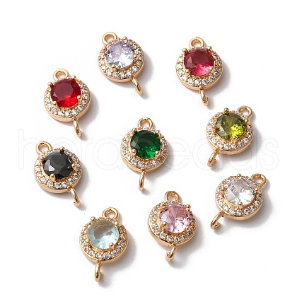 Brass Micro Pave Clear Cubic Zirconia Flat Round Links Connector Charms KK-C062-031G-1