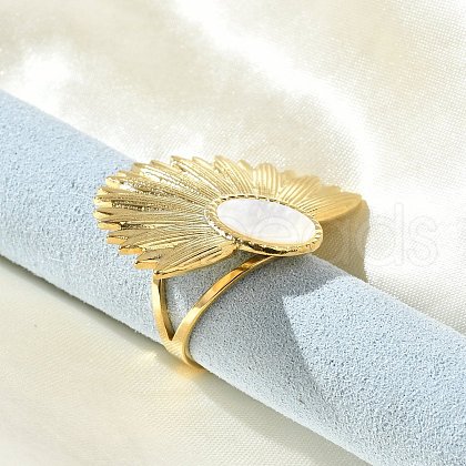 Flower 304 Stainless Steel White Shell Finger Rings for Women RJEW-G346-11G-02-1