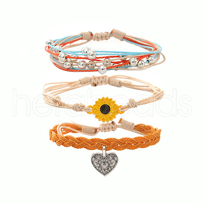 3Pcs Heart Alloy & Wax Cord Braided Bead Bracelets Set FS-WG10F8B-03-1