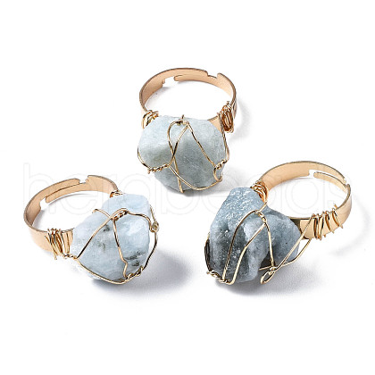 Adjustable Natural Aquamarine Finger Rings RJEW-T019-02E-KC-1