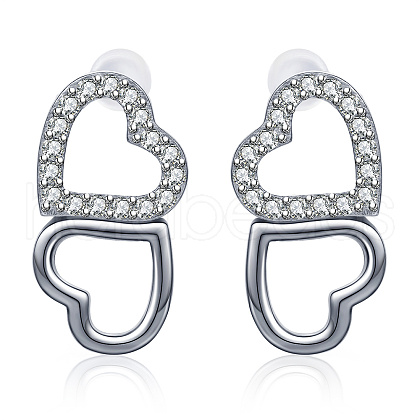 Double Heart Brass Micro Pave Clear Cubic Zirconia Stud Earrings for Women PT4124-1