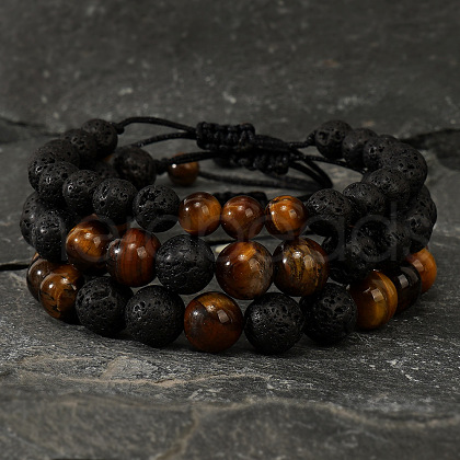3Pcs Bohemian Style Natural Lava Rock & Tiger Eye Round Beads Braided Bead Bracelet Set for Men OD0528-1