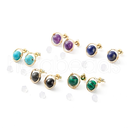 Mixed Gemstone Round Beads Stud Earrings for Girl Women EJEW-JE04666-1
