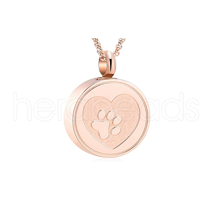 Stainless Steel Flat Round with Paw Print Urn Ashes Pendant Necklace BOTT-PW0005-18A-1