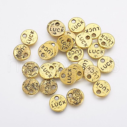 Flat Round Carved Word Luck Tibetan Style Alloy Message Charms TIBEP-A123975-AG-FF-1