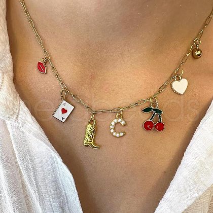 Boot Playing Card Red Cherry White Heart Initial Brass Enamel with Crystal Rhinestone Pendant Necklaces FS-WGDC4DD-03-1